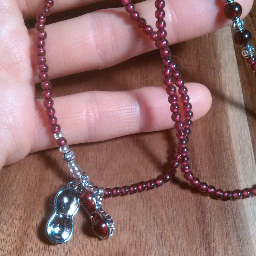 Simulated Orange Sapphire Peanut Pendant Garnet Beaded Silvertone Necklace
